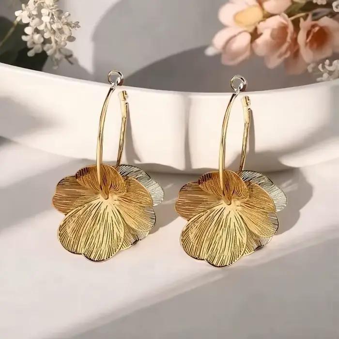 Boucles d'oreilles créoles dorées à fleurs creuses Double couche pour femmes, Vintage, idéales pour un usage quotidien, accessoires de bijoux