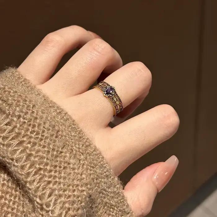 Bagues vintage en diamant violet ajouré pour femmes, noir et doré, à la mode, style hip-hop, pour banquet, bijoux fins, cadeau
