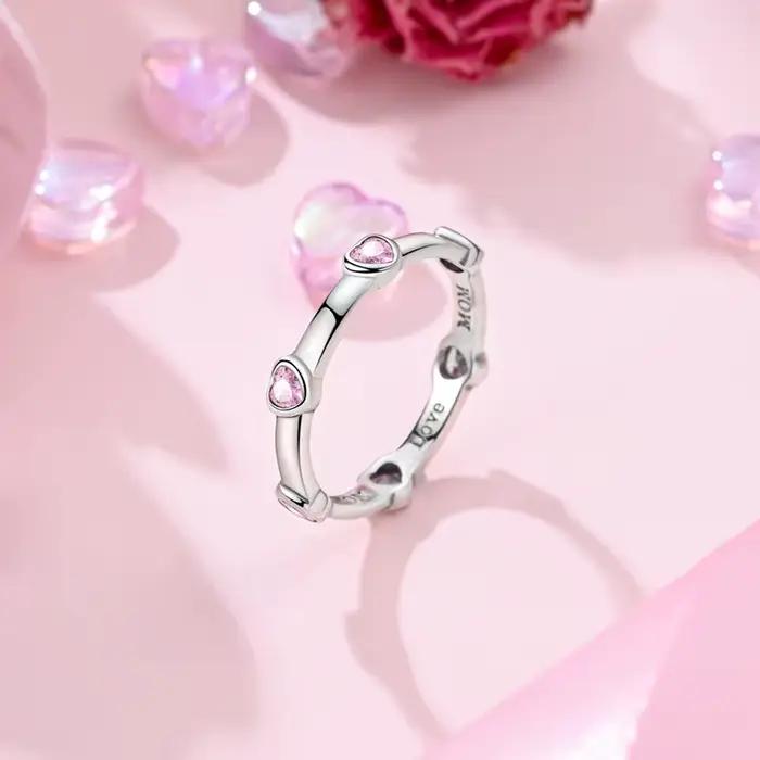 Bague originale en argent Sterling 925 avec cœur rose scintillant