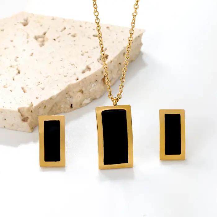 Parures de bijoux tendance en acier inoxydable pour femme, collier et boucles d'oreilles géométriques en coquille noire, bijoux étanches, cadeau