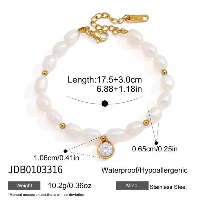 Bracelet en perles pour femmes plaqué or 18 carats avec breloque en zircon réglable en acier inoxydable pour occasions formelles et événements de gala