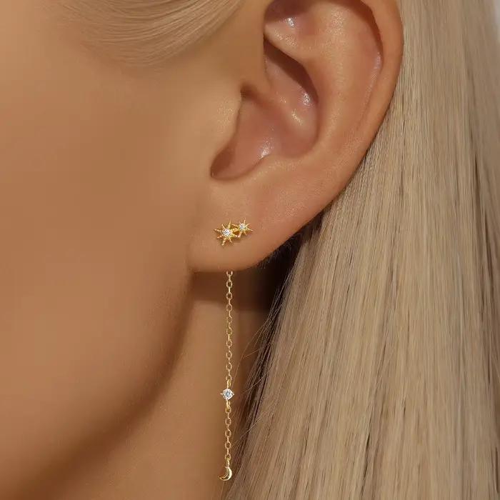 Aide-Boucle d'oreille longue en argent regardé 925 pour femme, ligne d'oreille, document en or 18 carats, piercing en fil d'oreille, boucle d'oreille goutte, accessoires bijoux