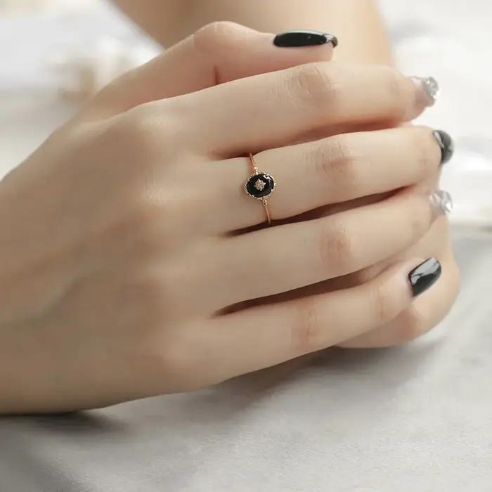 LAMOON bague en Agate noire naturelle pour femmes