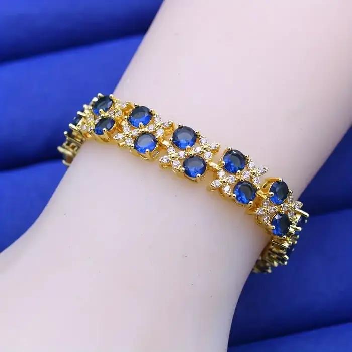 Luxueux bracelet vintage en zircone bleue plaqué or 18 carats pour femme