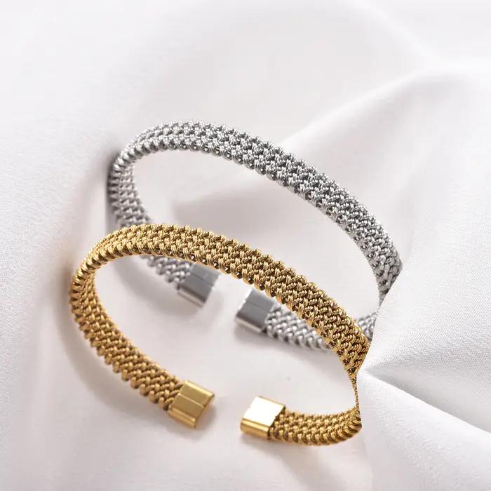 Bracelet ouvert minimaliste en maille tressée acier inoxydable plaqué or argent moderne pour homme femme occasions spéciales