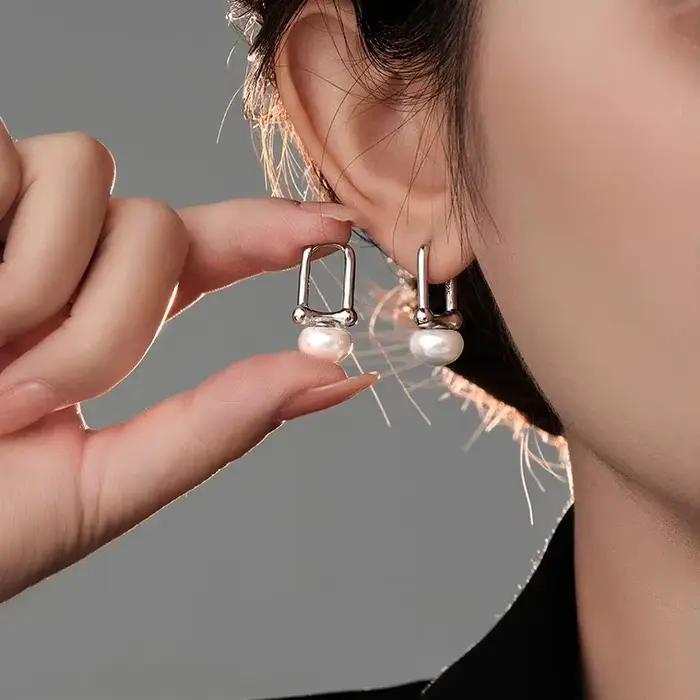 Boucles d'oreilles créoles en perles couleur argent pour femmes, style géométrique minimaliste, accessoires de mode vintage