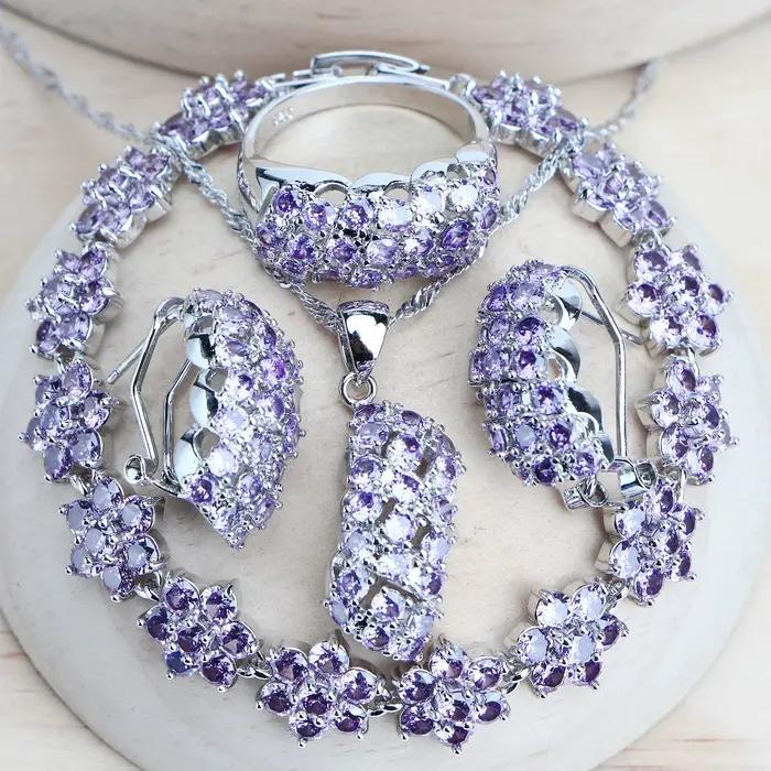 Ensemble de bijoux de mariée en argent 925 zircon motif plante collier bracelet bague boucles d'oreilles