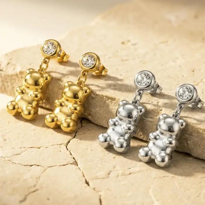 Boucles d'oreilles pendantes en forme d'ours en acier inoxydable plaqué or avec zircon cubique pour femmes pour diverses occasions