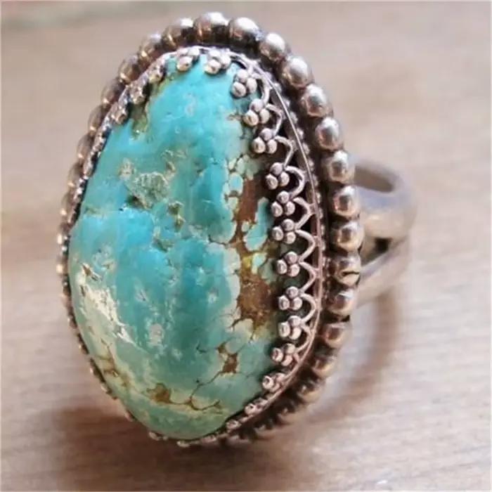 Bague Bohème pour Femme en Imitation Turquoise Incrustée, Bijou Géométrique Argenté Ethnique pour Usage Quotidien, Fête, Cadeau d'Anniversaire