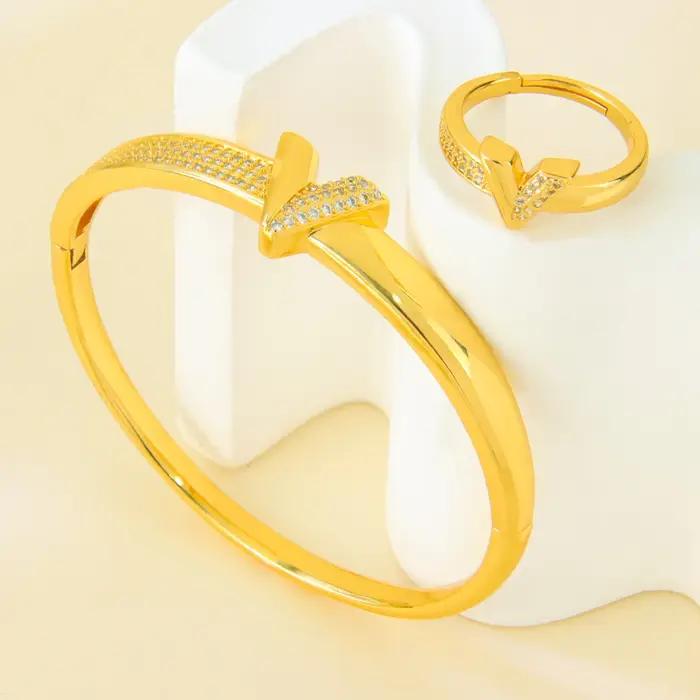 Parure de bijoux géométriques en zircone de Dubaï, plaqué or 24 carats, élégante, brillante, style italien, bracelets et bague, bijoux vintage pour femmes Habesha, pour soirée