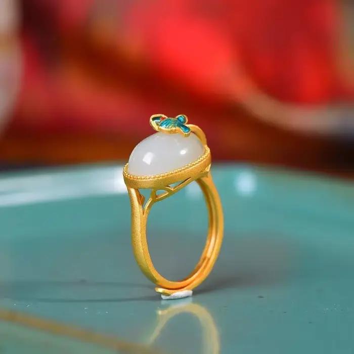 Bagues typoovales en émail de jade naturel Hetian pour femmes, artisanat en or prairie, bijoux de banquet de style ethnique classique, mode