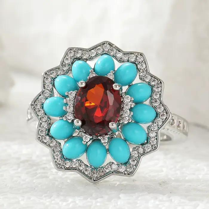 Bague Vintage de Luxe Léger en Forme de Fleur avec Incrustation de Turquoise Synthétique et Zircon, Bague de Tempérament pour Femme, Bijou de Soirée et de Banquet
