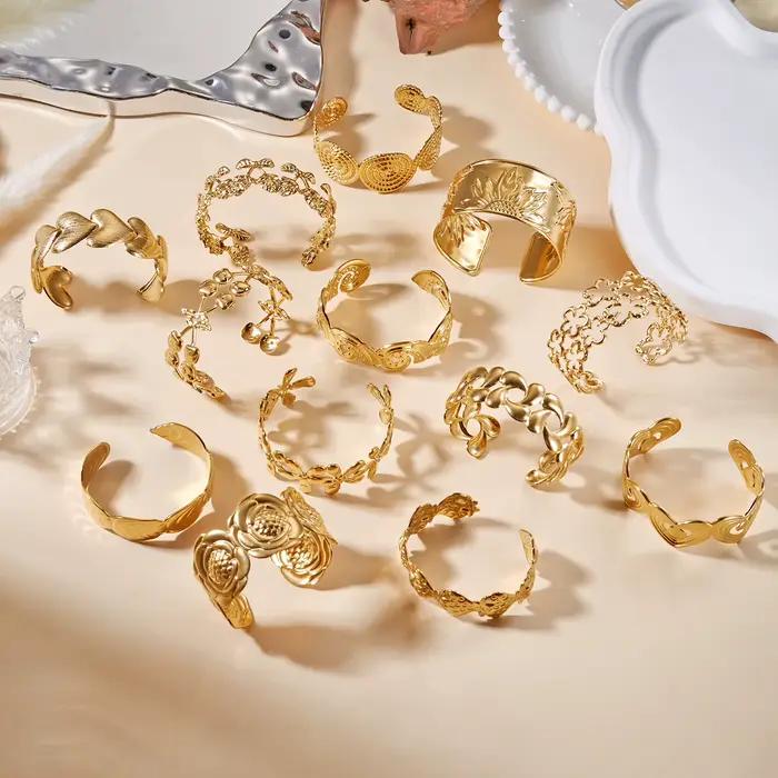 Bracelet de luxe à Texture martelée pour femmes, manchette large, Design élégant, fleur pressée, en acier inoxydable, accessoires de bijoux