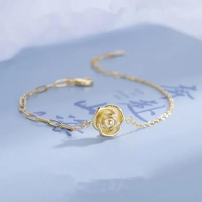 Bracelet vintage couleur or avec fleur de rose pour femme, nouvelle mode, chaînes en acier inoxydable, bijou de fête, accessoire, cadeau pour filles