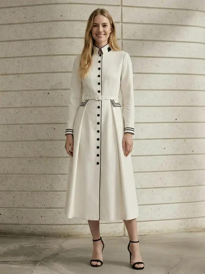 Robe plissée élégante Freeacy pour femme, col mandarin, ceinture, manches longues, coupe trapèze, pr