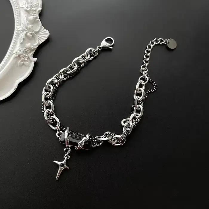Bracelet en acier inoxydable chaîne maillons motif géométrique rétro style punk pour hommes et femmes