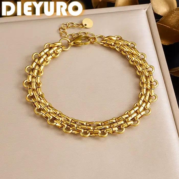DIEYURO Bracelet Chunky Plaqué Or 18K Style Hip Hop Audacieux pour Femme, Chaîne de Main Épaisse en Acier Inoxydable Étanche, Bijou Cadeau