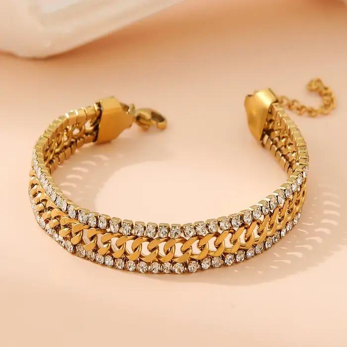 Yupsk – Bracelet à trois couches en acier inoxydable plaqué or 18 carats, zircone cubique brillante,