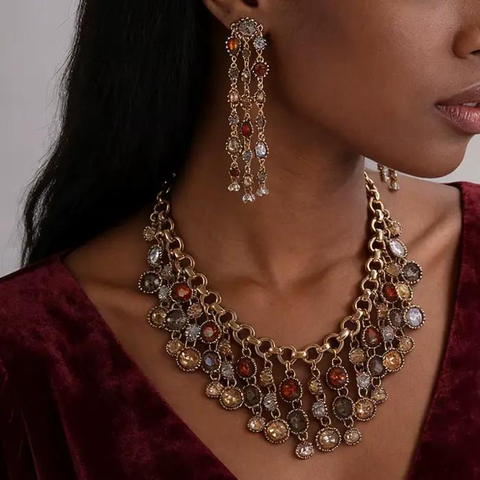 Ensemble de bijoux Vintage à franges multi-pierres (collier + boucles d'oreilles), accessoire de déclaration Boho glamour, idéal pour une soirée et une Date