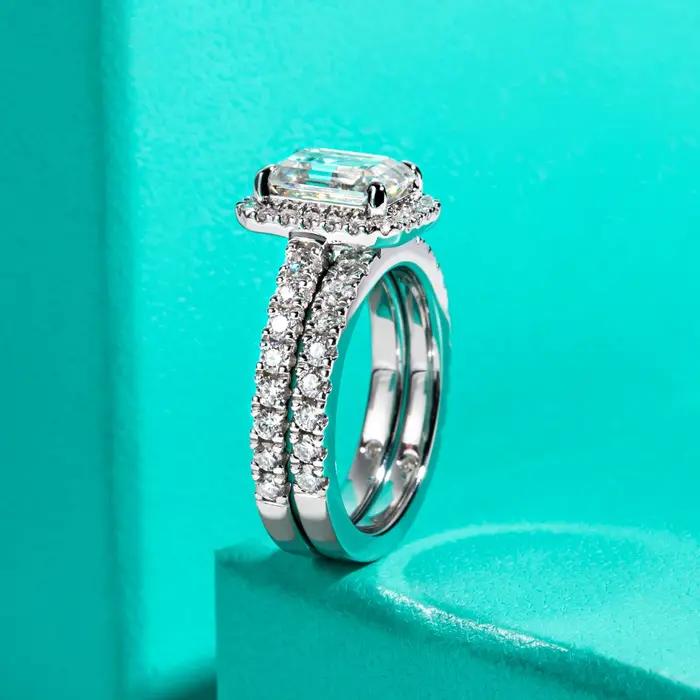 3ct émeraude coupe D couleur Moissanite Halo bague de mariée ensemble Vintage alliance bagues en argent avec Cer bijoux