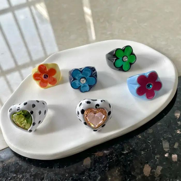 Bagues à fleurs en émail à paillettes colorées