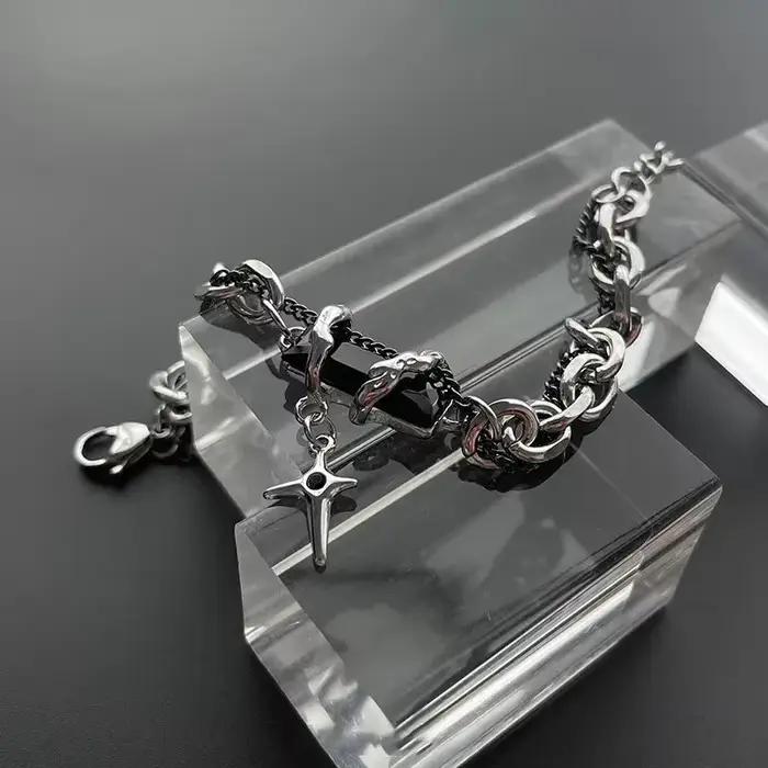 Bracelet en acier inoxydable chaîne maillons motif géométrique rétro style punk pour hommes et femmes