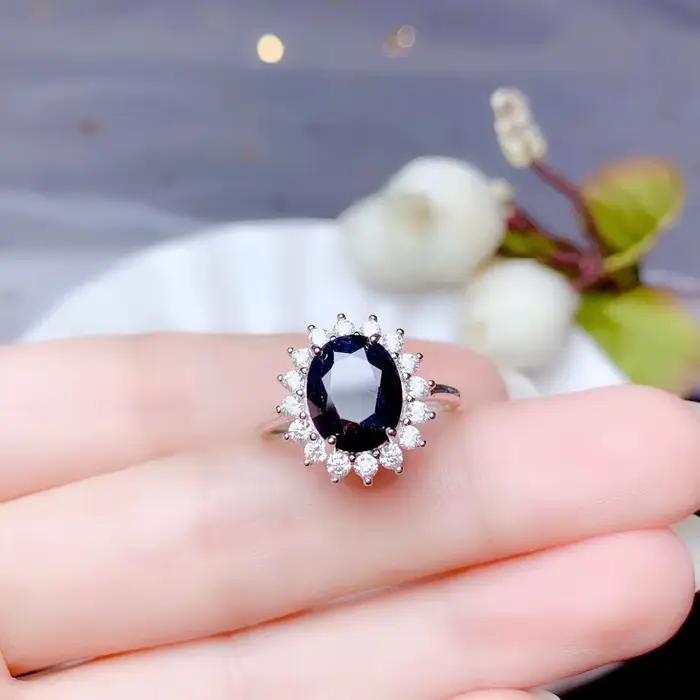 Bagues princesse Diana saphir bleu naturel pour femmes, bague de fiançailles romantique en argent St