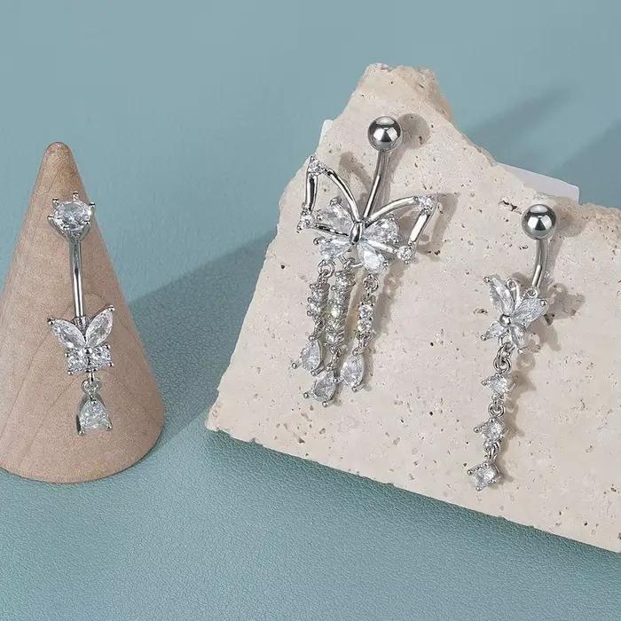 Anneau de nombril en zircone cubique avec finition plaquée argent pour femmes bijoux de corps élégants pour occasions spéciales