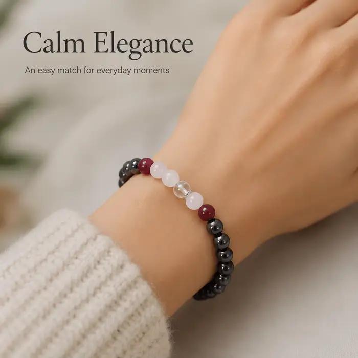 Bracelet de perles rondes noires et roses, bracelet élastique avec accent bordeaux, bijoux perlés simples et brillants, cadeau pour amis, couples, famille