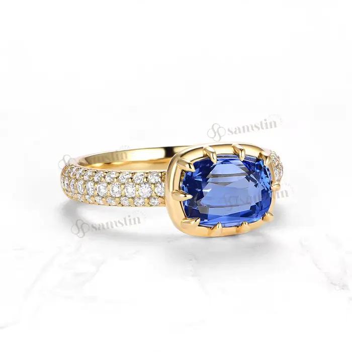 Bague en saphir bleu de laboratoire et or massif 14K pour femmes, alliance de mariage, engagement, cadeau de noël et occasions spéciales