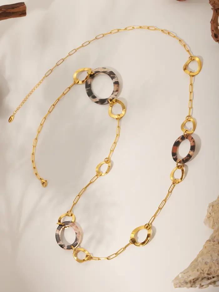 Collier long en acier inoxydable avec imprimé léopard rond pour femme