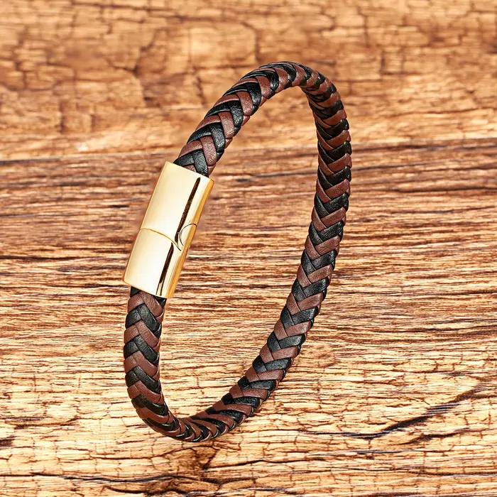 Bracelet tressé en cuir enveloppant bleu marron classique, breloque avec fermoir en acier inoxydable, Bracelet magnétique, corde, chaîne, bijoux