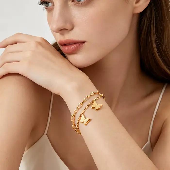 Bracelet pour femme en acier inoxydable avec motif papillon et chaîne de maillons élégante