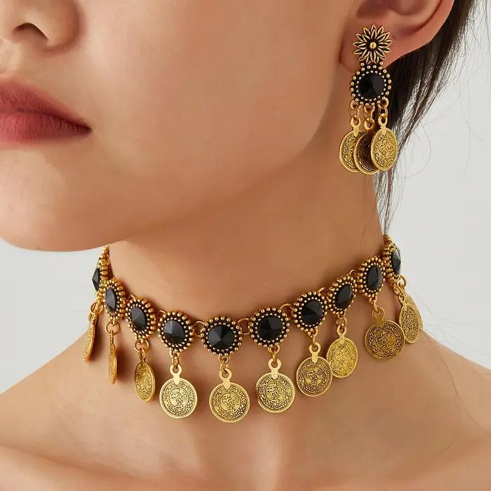 Bohème femmes gitane couleur or pièce gland collier boucle d'oreille femme mariée classique Vintage multicolore cristal bijoux de mariage