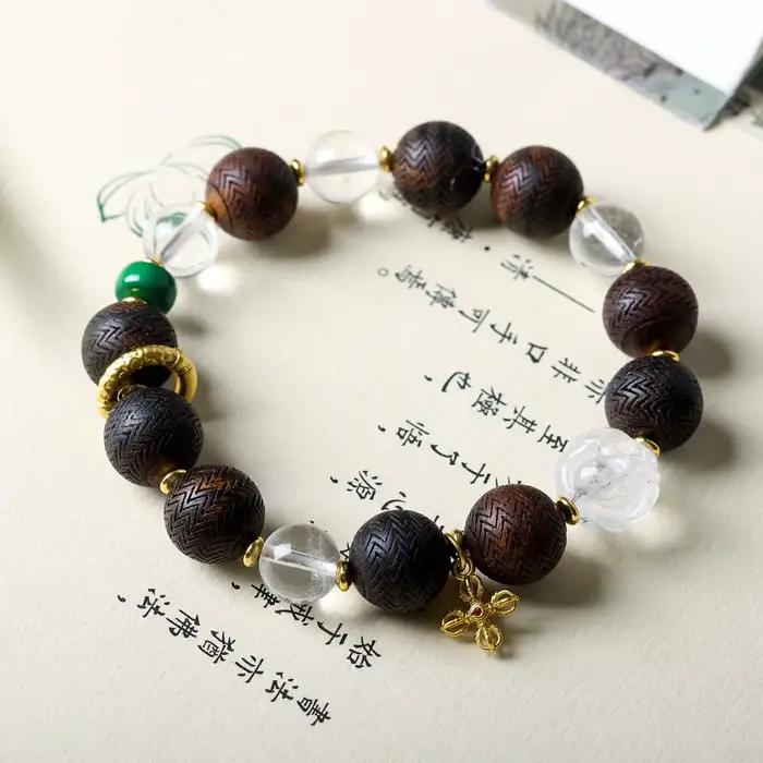 Bracelets en perles de cristal blanc naturel et d'agarwood pur, Mala traditionnel pour poignet, cadeaux pour hommes et femmes