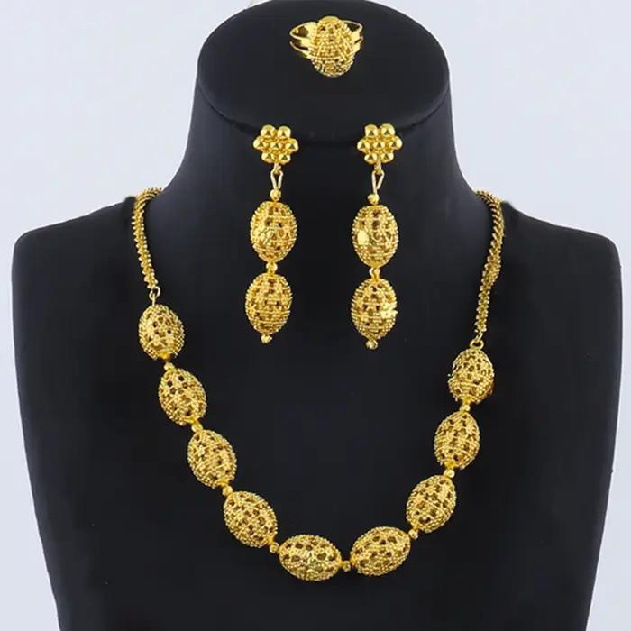 Ensemble de bijoux pour femmes, indien, arabe, africain, éthiopien, couleur dorée, ajouré, collier o