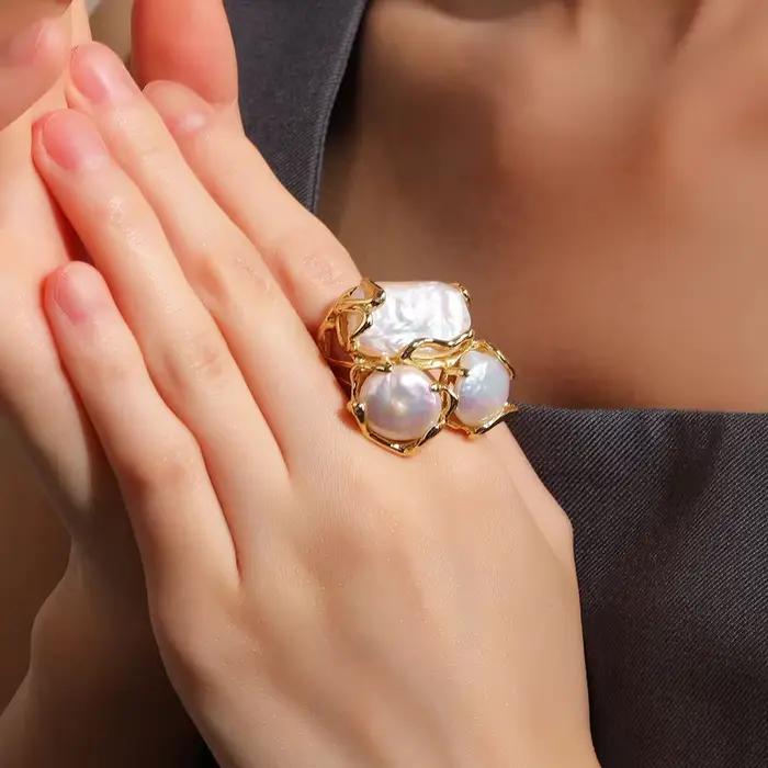 Bague en perles d'eau douce baroques plaquées or 18 carats bijou de célébration pour femme occasions spéciales mariage anniversaire