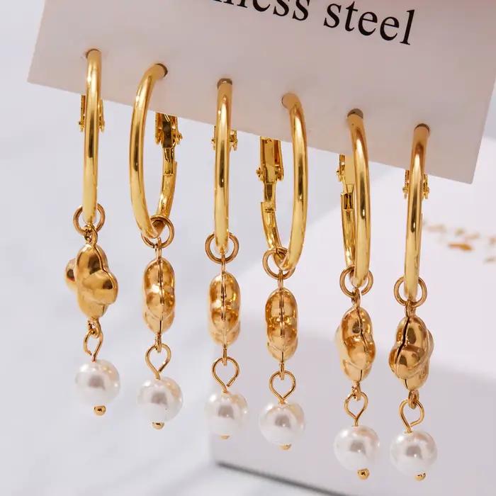 Liora Chic Imitation perle croix boucles d'oreilles pour femmes PVD plaqué or en acier inoxydable hypoallergénique boucles d'oreilles bijoux