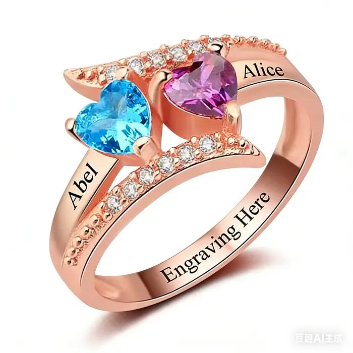 Bague personnalisée gravée avec nom, Bague Mère Personnalisée avec 1-2 Pierres de Naissance, Bagues de Fiançailles et de Promesse pour Elle, Bague Familiale Personnalisée