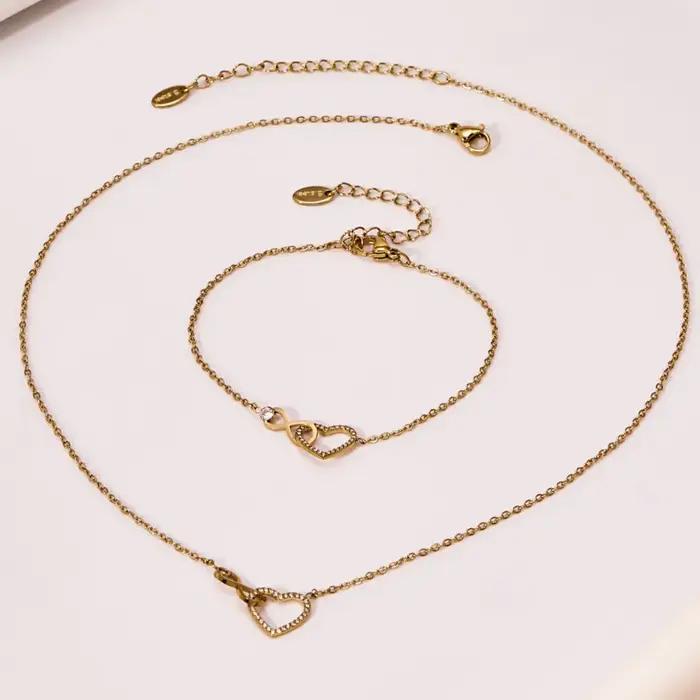 Ensemble de bijoux collier et bracelet pour femmes en acier inoxydable plaqué or design cœur et infini pour offrir