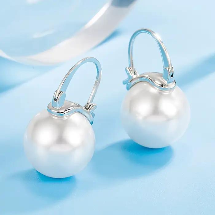 Boucles d'oreilles en argent sterling 925 sertie de perle ronde pour femmes mariage fiançailles soirées festives