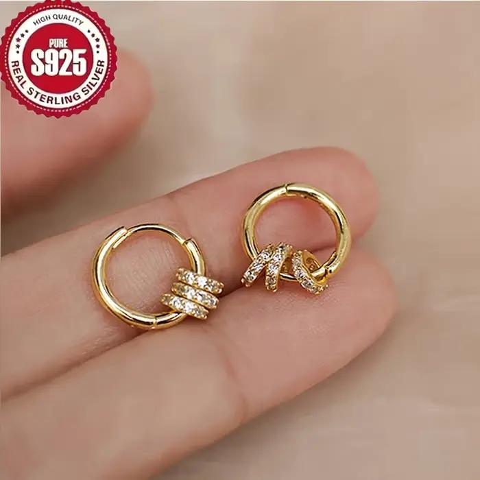 Boucles d'oreilles créoles en argent Sterling 925 plaqué or avec zirconium blanc et noir pour femmes style moderne et élégant occasions spéciales