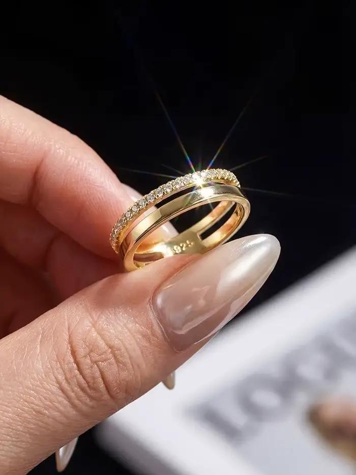 Bague ronde à double couche en diamant Moissanite véritable pour femmes
