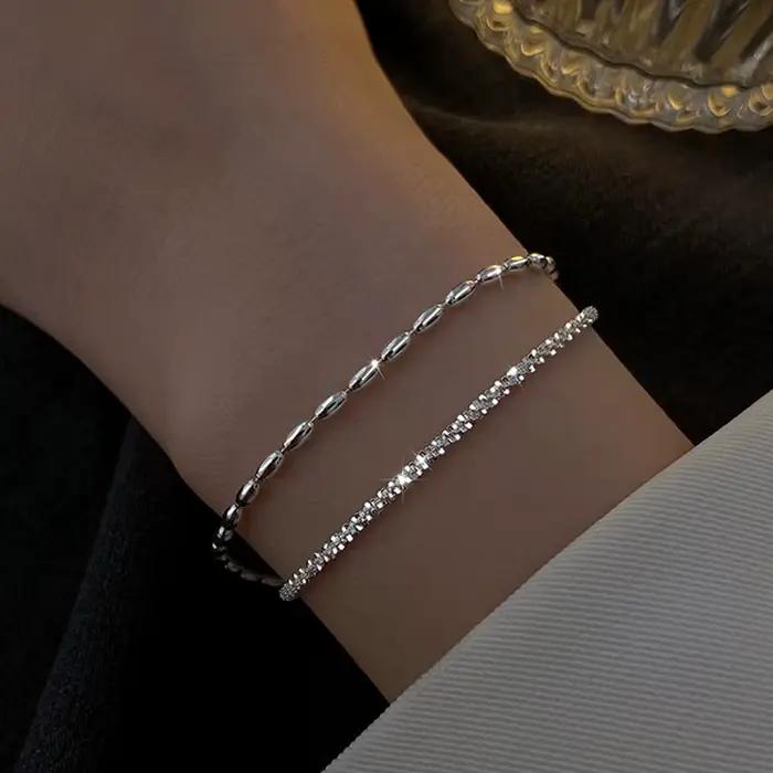 Bracelet double couche en argent Sterling 925 à perles blanches et motif géométrique pour femme