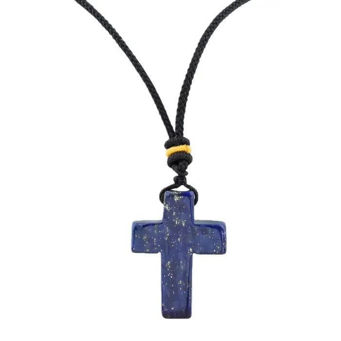 Collier pendentif en pierre précieuse en forme de croix Lapis Lazuli 22x30mm