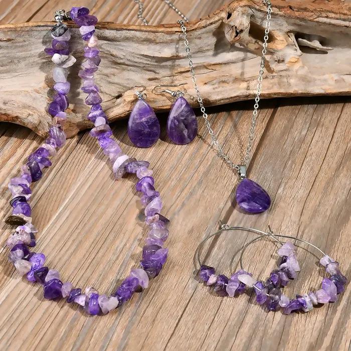 Ensemble de boucles d'oreilles et collier en améthyste en pierre naturelle