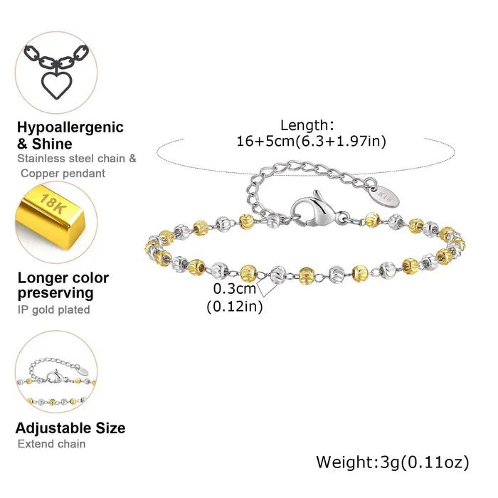 Bracelet à billes texturées bicolores pour femmes, chaîne délicate en acier inoxydable plaqué or 18 carats, résistant au ternissement et à l'eau