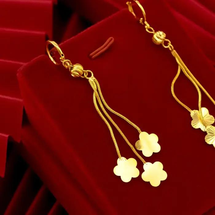 Boucles d'oreilles pendantes en or jaune 18 carats authentiques avec design fleurs pour femme bijoux de haute joaillerie pour offrir