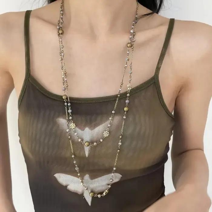 Collier bohème à fleurs Double couche, longue chaîne de pull perlée, Style Y2K, collier géométrique empilable
