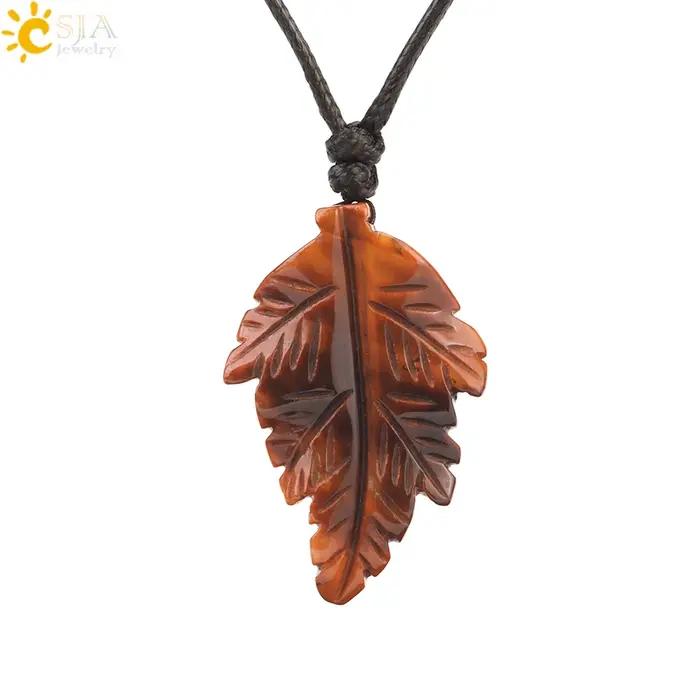 CSJA – collier avec pendentif feuilles en pierre naturelle pour femmes, colliers en cristal sculpté à la main, bijoux pour hommes, cadeau d'halloween H246
